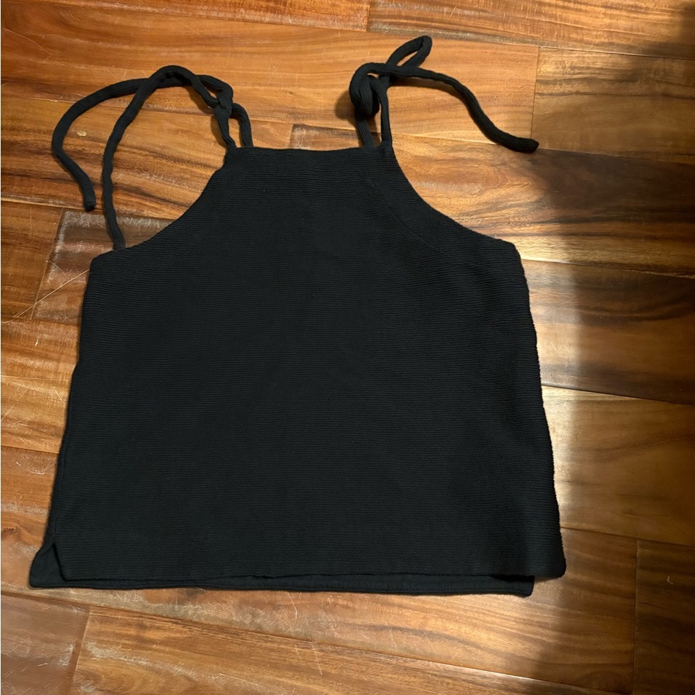 Madewell Black Tie Strap Tank Top Medium Textured Waffle Knit Cami (1138)